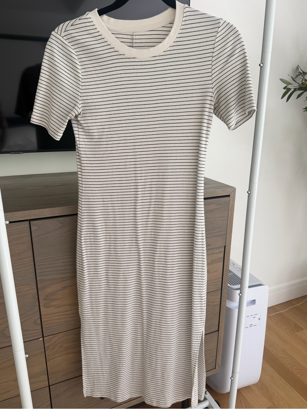 a new day Cream and Black Striped Short-Sleeve Midi Dress